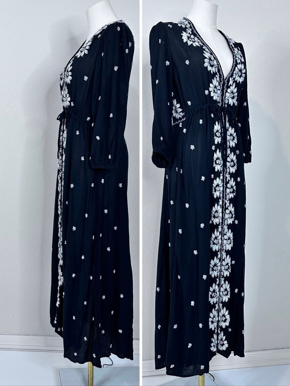 Free People Embroidered Fable Maxi Dress M Black White Floral Boho V Neck - Picture 6 of 16